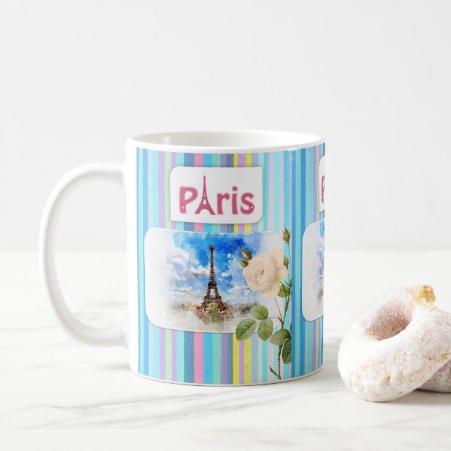 Paris France Blue Stripe Tasse (Mit Donut)