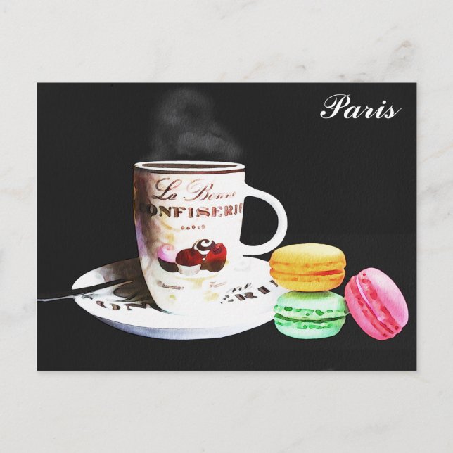 Paris France Café Coffee Macarons Watercolor Postkarte (Vorderseite)