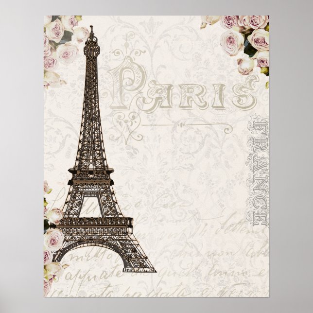 Paris France Eiffel Tower Pink Roses Chic Glamour Poster (Vorne)