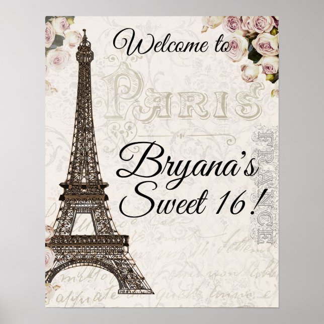 Paris France Eiffel Tower Pink Roses Chic Glamour Poster (Vorne)
