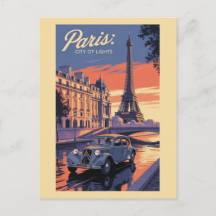 Paris France Eiffel Tower Vintage Car Sunset Postkarte