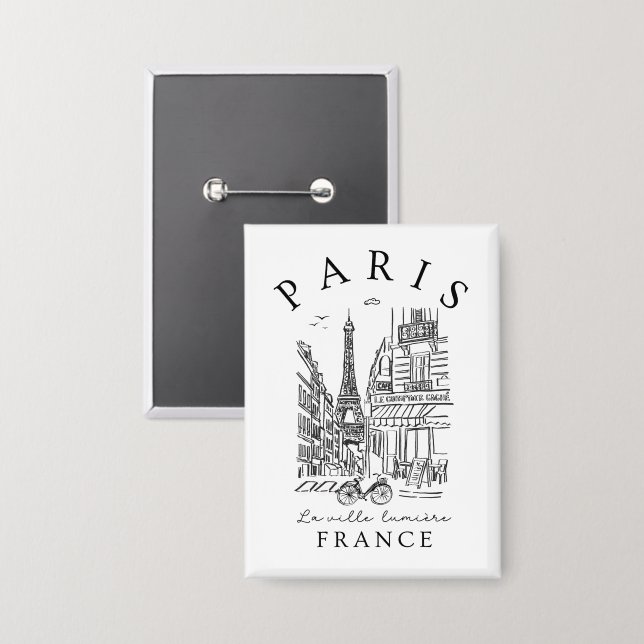 Paris France –  Sketch with Eiffel Tower & Café Button (Vorderseite/Rückseite)