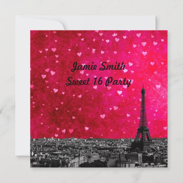 Paris France Skyline #1 Hot Pink Red Sweet 16 SQ Einladung (Vorderseite)