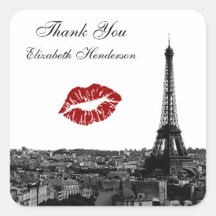 Paris France Skyline Kiss #1 BW Kiss Favor Tag Quadratischer Aufkleber