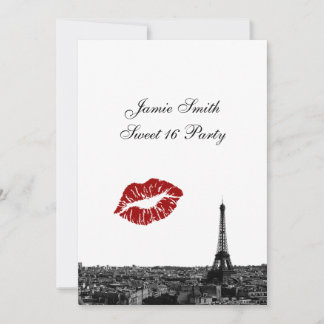 Paris France Skyline Kiss #1 BW Sweet 16 V Einladung