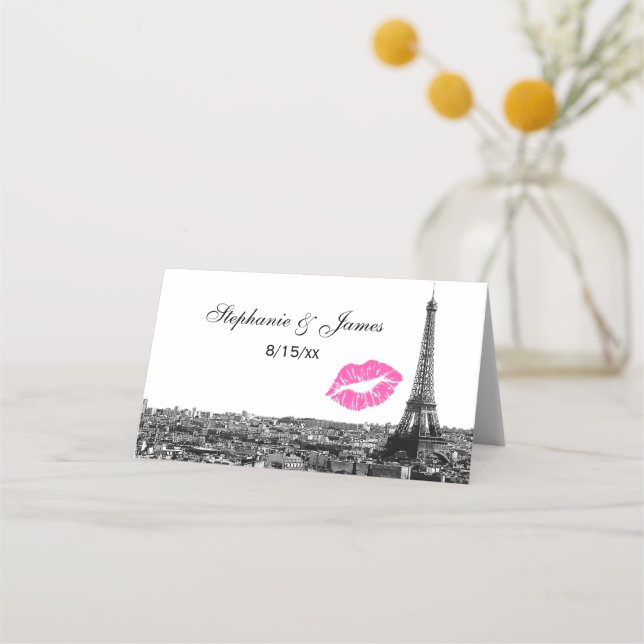 Paris France Skyline Pink Kiss #1 BW Escort Cards Platzkarte (Vorderseite)