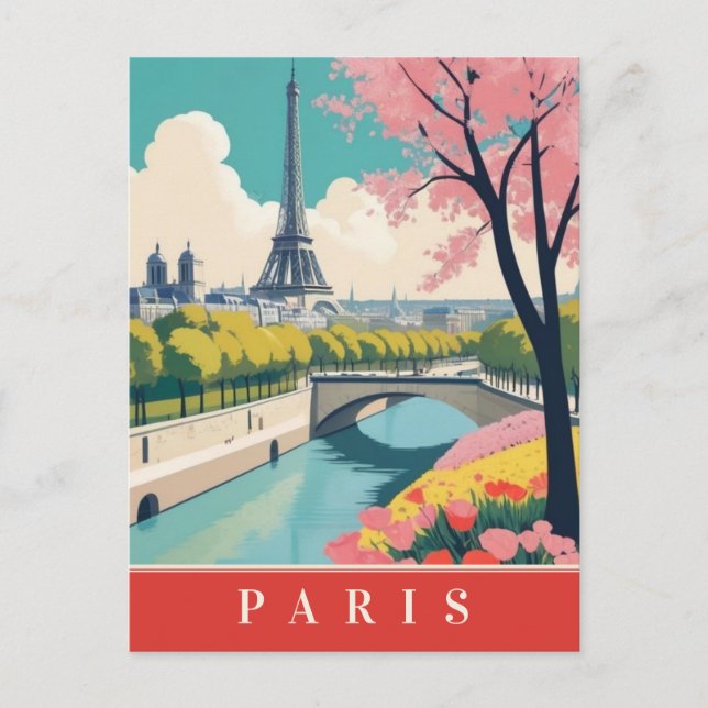 Paris Frankreich Eiffel Tower Retro Travel Floral Postkarte (Vorderseite)