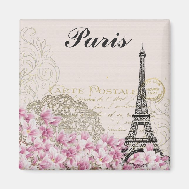 Paris Frankreich Eiffelturm Vintag Rosa Blume Magnet (Vorne)