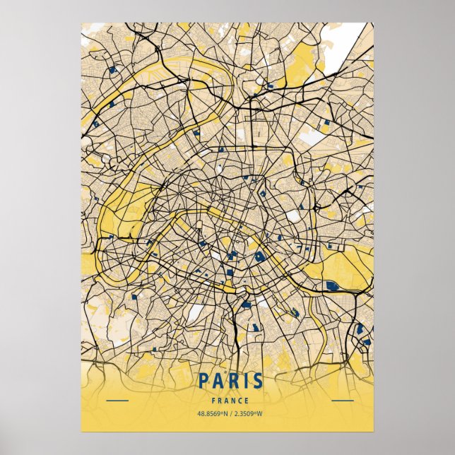 Paris - Frankreich Gelbe Stadtkarte Poster (Vorne)