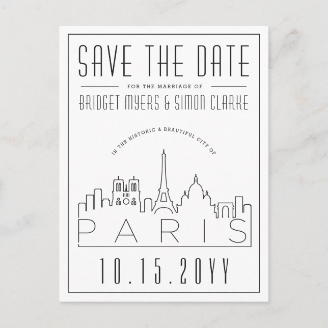 Paris, Frankreich Hochzeit | Skyline Save the Date Postkarte (Vorderseite)