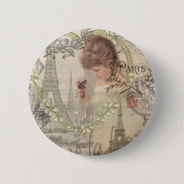 Paris Frankreich Hübsches Mädchen Sanfte Eiffel Button (Vorderseite)