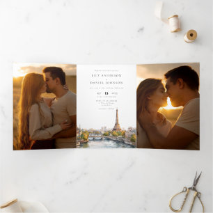 Paris Frankreich QR Code 3 Foto Hochzeit Dreifach Gefaltete Einladung