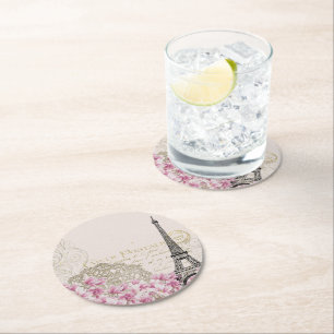 Paris Frankreich Reisedesign mit Eiffel Pink Roses Runder Pappuntersetzer
