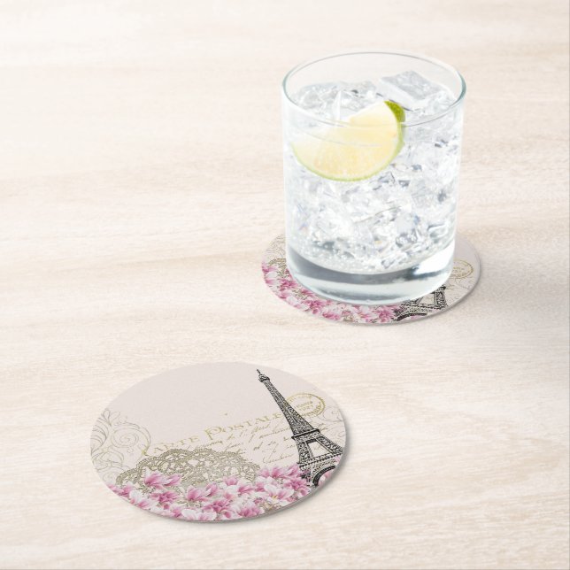 Paris Frankreich Reisedesign mit Eiffel Pink Roses Runder Pappuntersetzer (Vor Ort)