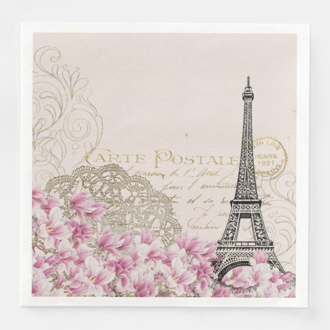 Paris Frankreich Reisedesign mit Eiffel Pink Roses Serviette (Vorderseite)