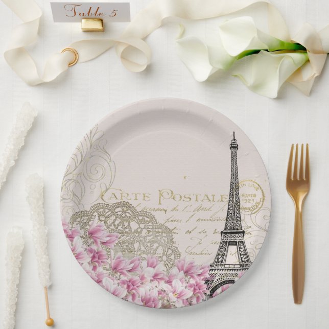 Paris Frankreich Reisen Eiffelturm mit Rose Blume Pappteller (Hochzeit)