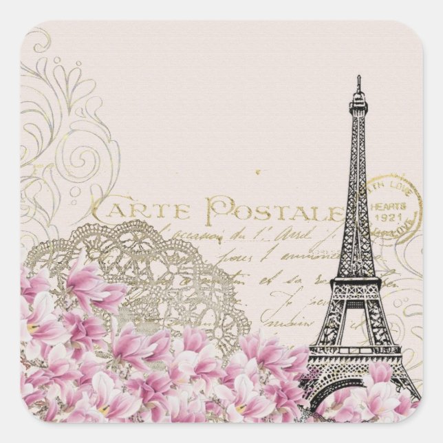 Paris Frankreich Reisen Eiffelturm mit Rose Blume Quadratischer Aufkleber (Vorderseite)