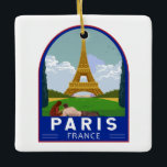 Paris Frankreich Retro Reisen Vintag Keramikornament<br><div class="desc">Paris Retrodesign im Stil eines Emblems. Der Eiffelturm ist ein schmiedeeiserner Gitterturm am Champ de Mars in Paris.</div>