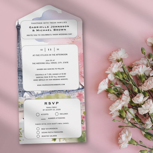 Paris Frankreich Romantischer Aquarellturm Rosa Ei All In One Einladung (Von Creator hochgeladen)