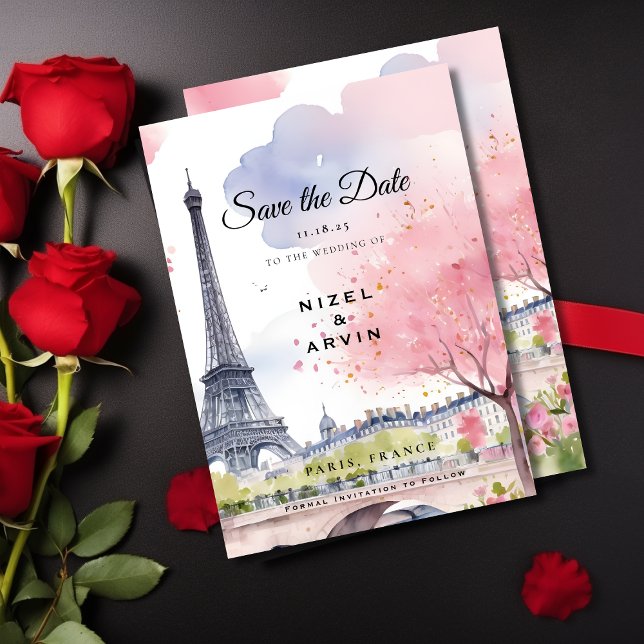 Paris Frankreich Romantischer Aquarellturm Rosa Ei Save The Date (Von Creator hochgeladen)