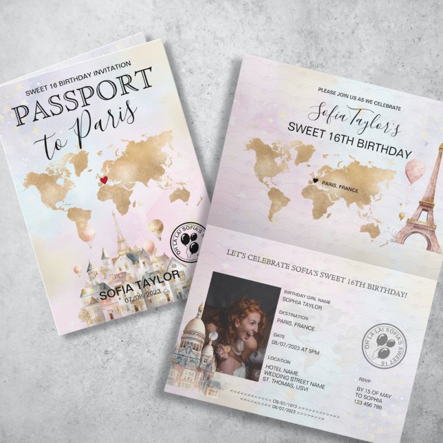 Paris Frankreich Sweet 16 Birthday Passport Einladung (pastel color passport with gold world map and Paris illustrations sweet 16th birthday invitation)