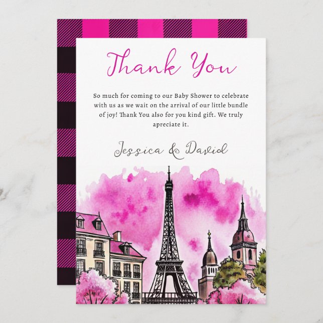 Paris Französisch Bonjour Bebe Pink Black Baby Dus Dankeskarte (Vorne/Hinten)