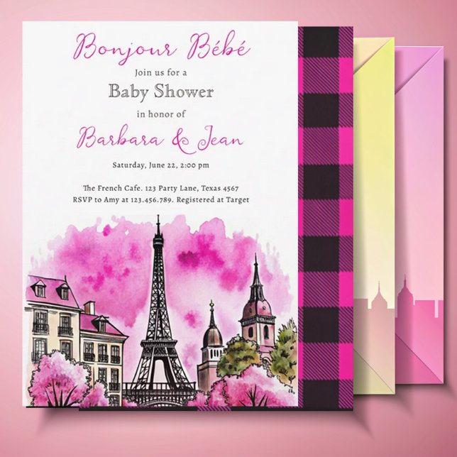 Paris Französisch Bonjour Bebe Pink Black Baby Dus Einladung (Von Creator hochgeladen)