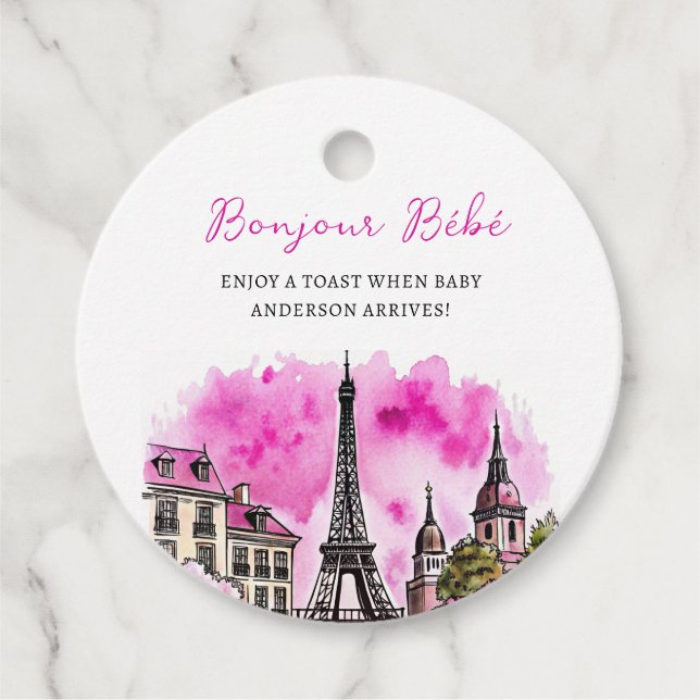 Paris Französisch Bonjour Bebe Pink Black Baby Dus Geschenkanhänger (Vorderseite)