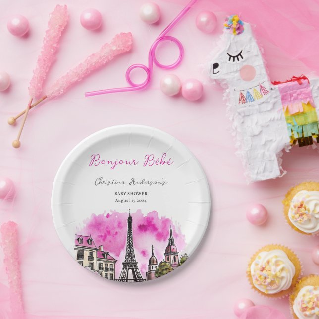 Paris Französisch Bonjour Bebe Pink Black Baby Dus Pappteller (Party)