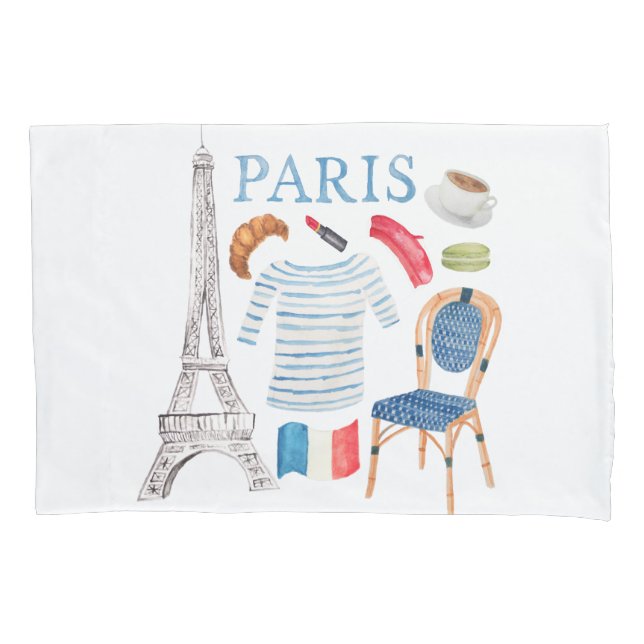 Paris French Wassercolor Doodles Pillowcase Kissenbezug (Vorderseite)