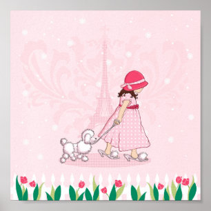 Paris Girl & Poodle Eiffel Tower Girl & Girl Poster