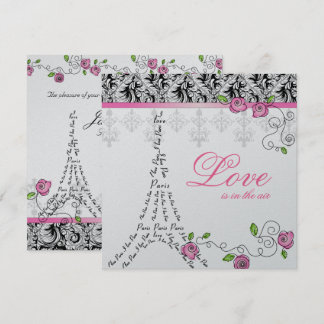 Paris Hochzeit Einladen Rosenrosen Silber Schwarz- Einladung