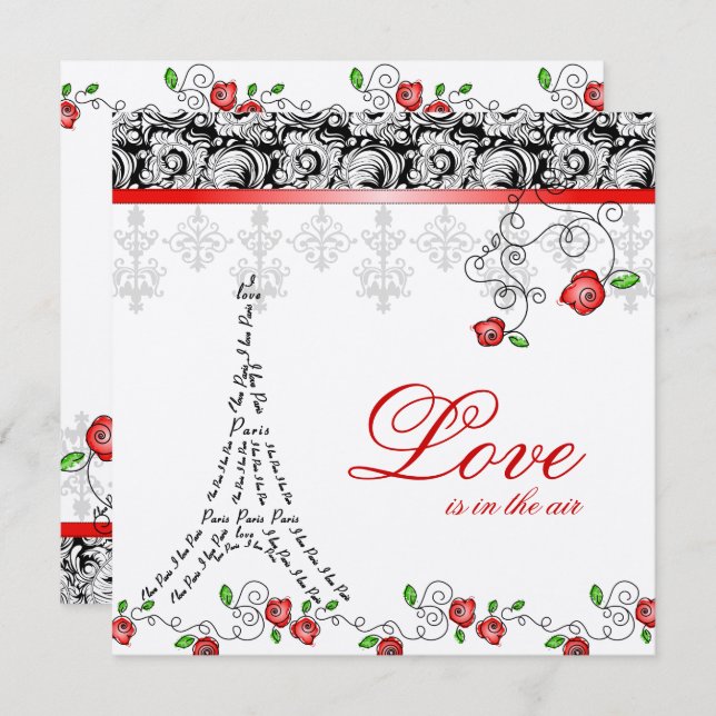 Paris Hochzeit Einladung Rote Rosen Silver Schwarz (Vorne/Hinten)