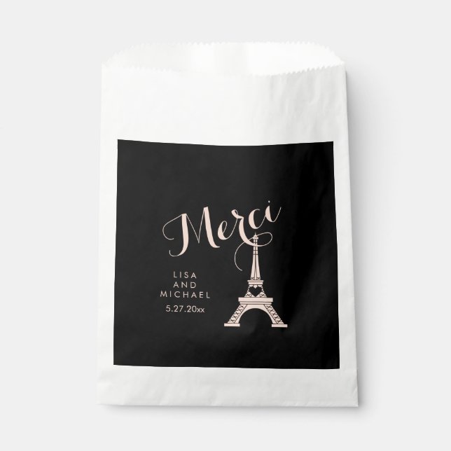 Paris Hochzeit mit Eiffelturm in Schwarz und Rosa Geschenktütchen (Vorderseite)