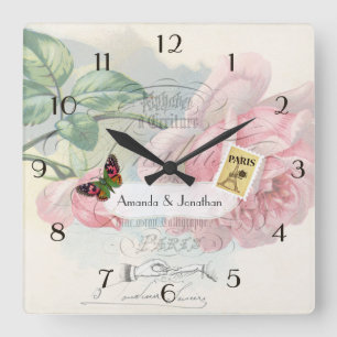 Paris Hochzeit Vintag Shabby-Chic Pink Rose Custom Quadratische Wanduhr