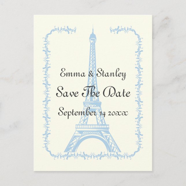 Paris Hochzeitsblauer Eiffelturm Save the Date Ankündigungspostkarte (Vorderseite)