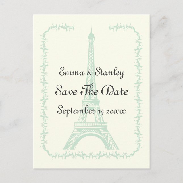Paris-Hochzeitsminze Eiffel-Turm Save the Date Ankündigungspostkarte (Vorderseite)