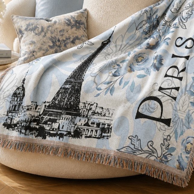 Paris in Blue Fringed Blanket Decke (Von Creator hochgeladen)
