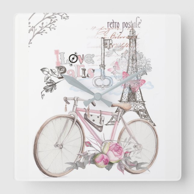 Paris in rosa Vintagem Quadratische Wanduhr (Vorderseite)