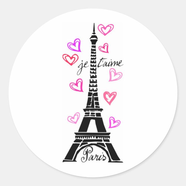 PARIS JE T'AIME EIFFEL UND ROSA HERZEN RUNDER AUFKLEBER (Vorderseite)