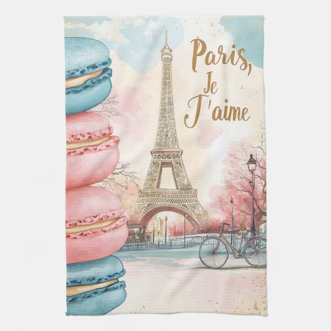 Paris, Je T'aime - Eiffelturm mit Macarons Geschirrtuch (Vertikal)