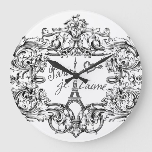 "Paris Je T'aime" Eiffelturm Scroll Print Große Wanduhr (Vorderseite)
