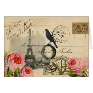 Paris-Krähe-Globus-Französische-Postkarte-Rosenkar