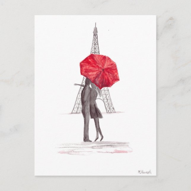Paris Liebe Pärchen Roter Schirm Aquarell Eiffel Postkarte (Vorderseite)