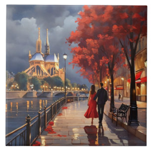 Paris Liebe: Romantisches Paar an der Seine Notre  Fliese