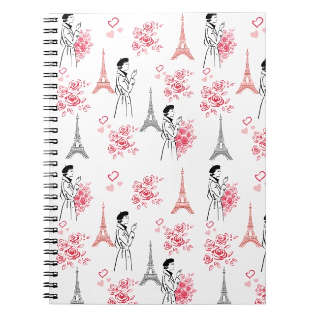 Paris Love Pattern – Eiffelturm & Rosen Nahtlos Notizblock (Vorderseite)