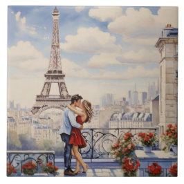 Paris Love: Romantic Couple Eiffel Tower Balcony Fliese