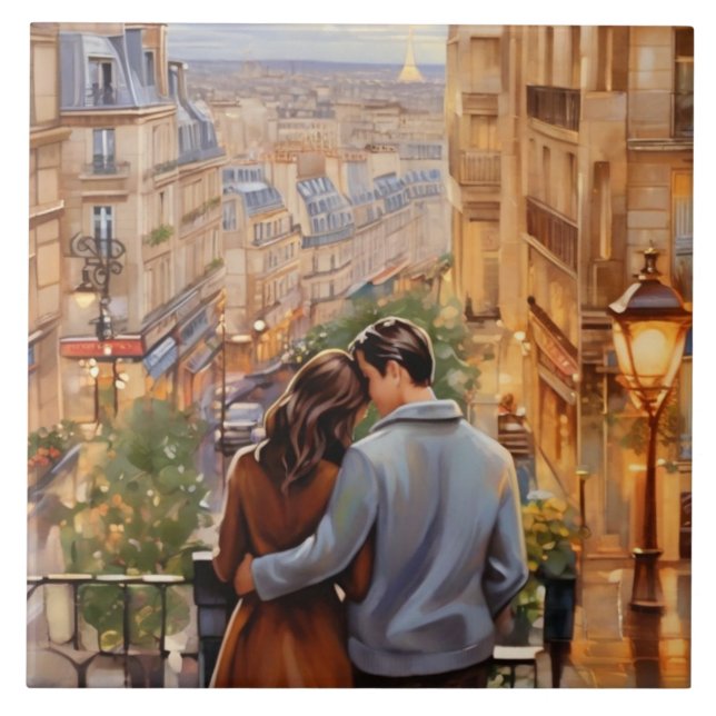Paris Love: Romantic Couple French City View Fliese (Vorderseite)