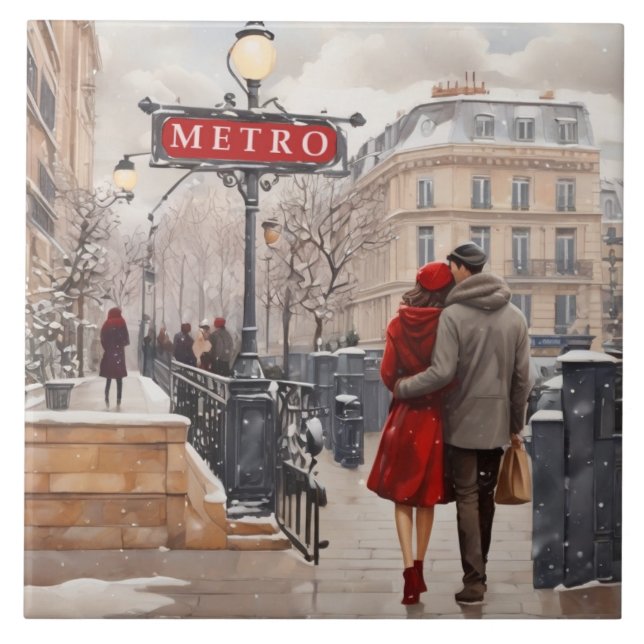 Paris Love: Romantic Winter Walk Metro Station Fliese (Vorderseite)