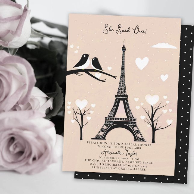 Paris Lovebirds Eiffel Winter Peach Brautparty Einladung (winter bridal shower invitation paris themed she said oui eiffel tower lovebirds hearts blush peach )